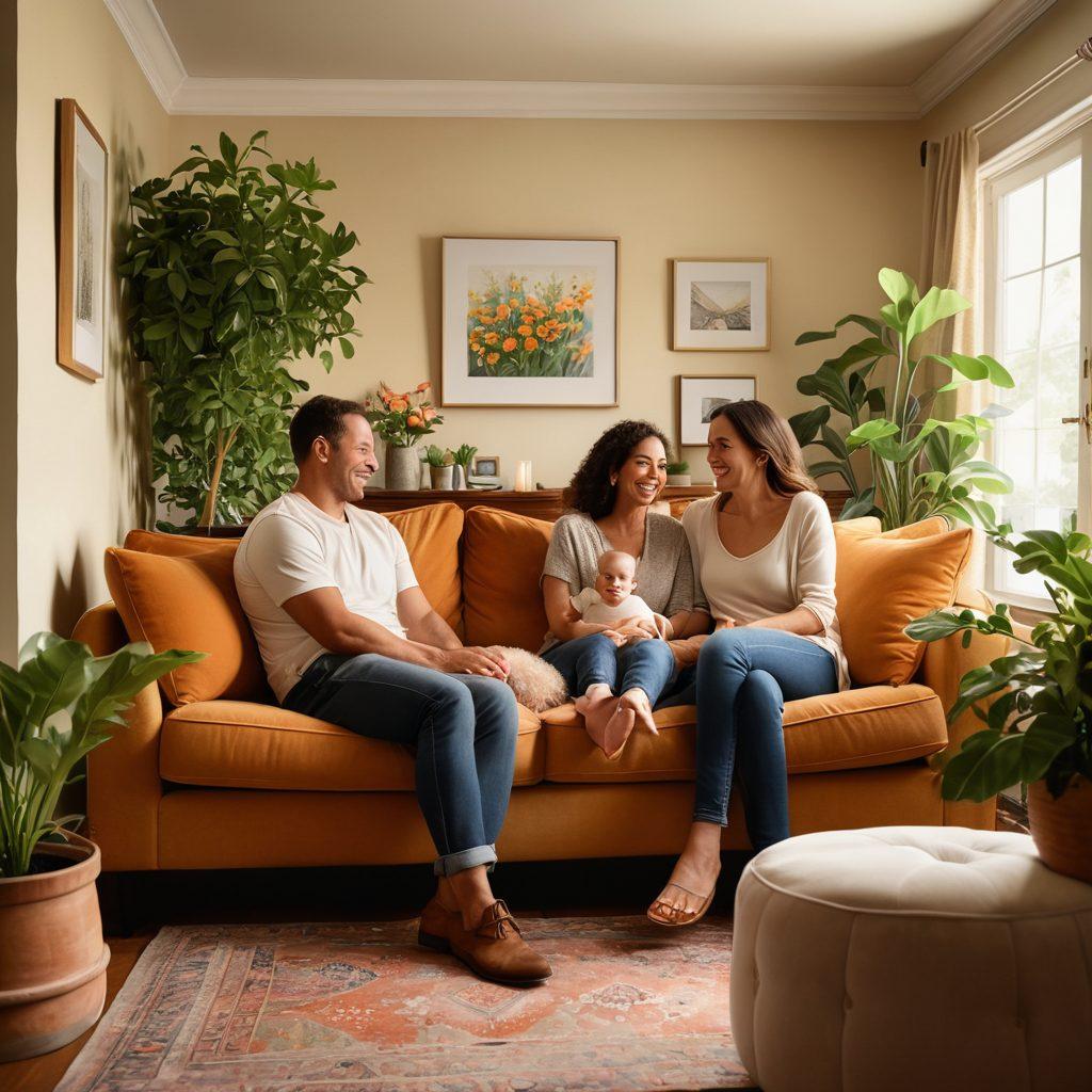 A warm scene depicting a family gathered together, sharing a heartfelt moment, with soft lighting highlighting their joyful expressions. Include elements of nature, like plants or flowers, symbolizing growth and connection. The background should be a cozy home environment, evoking a sense of love and togetherness. super-realistic. warm tones. soft focus.