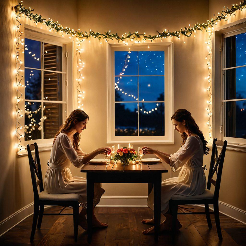 A romantic scene featuring an intimate dinner set in a cozy, softly-lit room, adorned with fragrant flowers and candlelight. Two hands reaching across the table, intertwining with a beautiful string of hearts subtly woven in the background, symbolizing the connections of love. Include delicate fairy lights strung above for a warm, magical ambiance. super-realistic. vibrant colors. soft lighting.